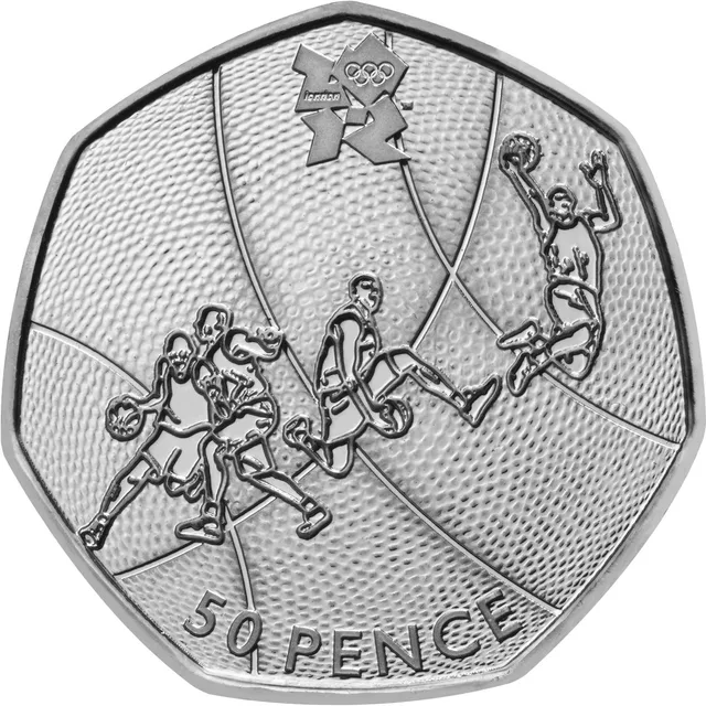 Four basketball players in action in front of a giant textured basketball, London 2012 logo above