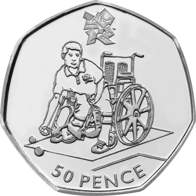 Boccia player in a wheelchair throwing a ball inside a rectangular box, Paralympic London 2012 logo above