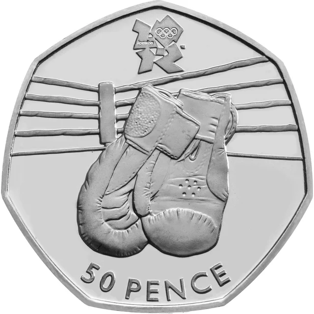 Pair of boxing gloves inside the ropes at the corner of a ring, London 2012 logo above, 50 PENCE below