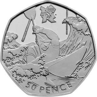 Canoeist paddling through rough, splashing water between hanging slalom gates, London 2012 logo above