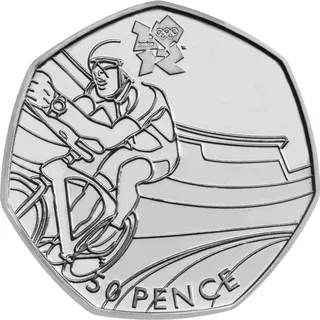 Track cyclist pedalling hard on the left, with velodrome track lines streaming behind, London 2012 logo above