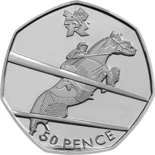 Horse and rider leaping a two-bar fence, hooves just above 50 PENCE, with the London 2012 logo at the top