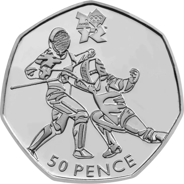 Two fencers mid-bout, one lunging forward in attack, beneath the London 2012 emblem