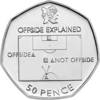Offside rule diagram on half a football pitch under the words OFFSIDE EXPLAINED, London 2012 logo above