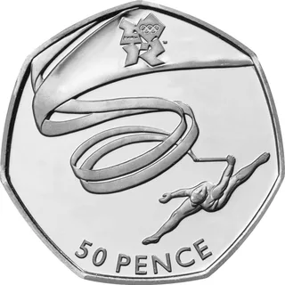 Rhythmic gymnast in a split leap with a ribbon spiralling up to the London 2012 logo, 50 PENCE below