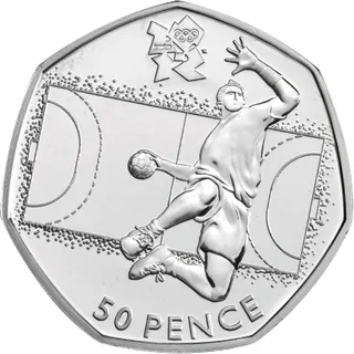 Handball player leaping to throw, set over a plan of the court with its lines and goals, London 2012 logo above