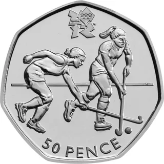 Two female hockey players, both facing right, challenge for the ball with their sticks, London 2012 logo above