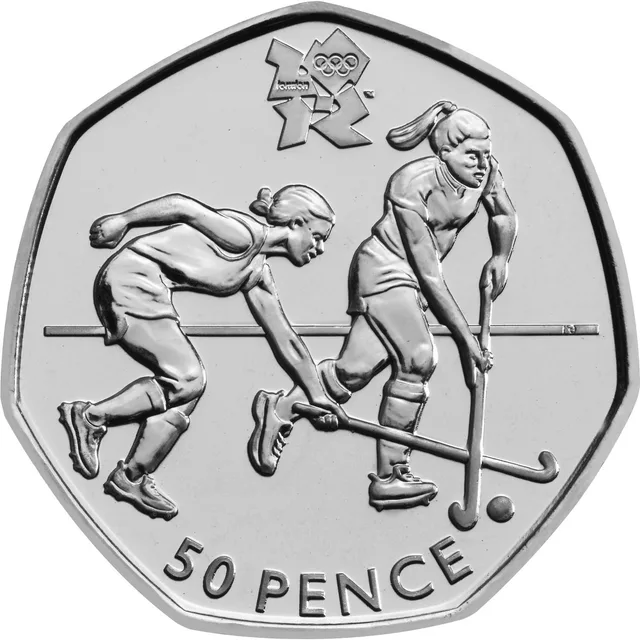 Two female hockey players, both facing right, challenge for the ball with their sticks, London 2012 logo above