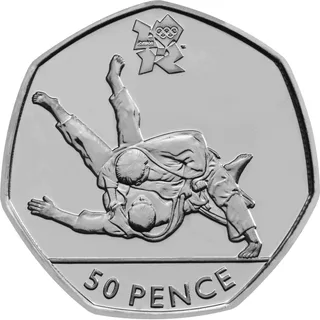 Two judo players mid-throw, one upside down with feet in the air, London 2012 logo above, 50 PENCE below