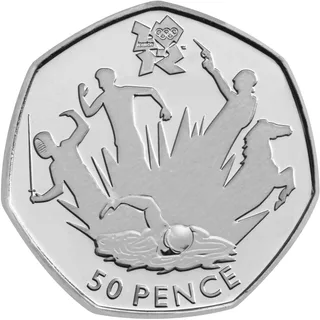 Swimmer in cap and goggles before a splash holding a fencer, runner, pistol shooter and horse, London 2012 logo
