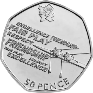 Two rowers in a boat before slanted words EXCELLENCE, FRIENDSHIP, FAIR PLAY and RESPECT, London 2012 logo above