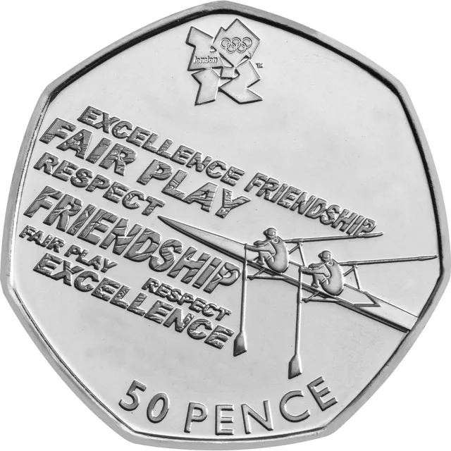 Two rowers in a boat before slanted words EXCELLENCE, FRIENDSHIP, FAIR PLAY and RESPECT, London 2012 logo above