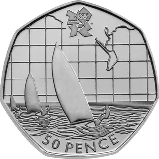 Three sailing boats on waves beneath a nautical chart grid and a stretch of coastline, London 2012 logo above