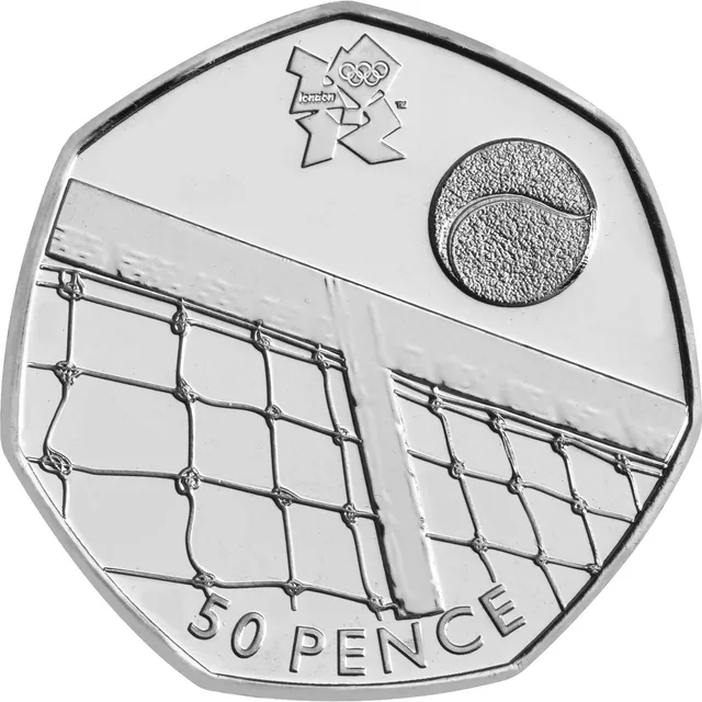Tennis ball flying over the top of a net that runs diagonally across the coin, London 2012 logo above