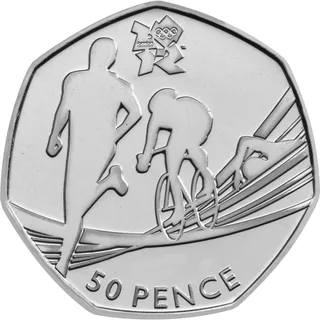 Runner, cyclist and swimmer side by side over lines that change from pool lanes to track, London 2012 logo above