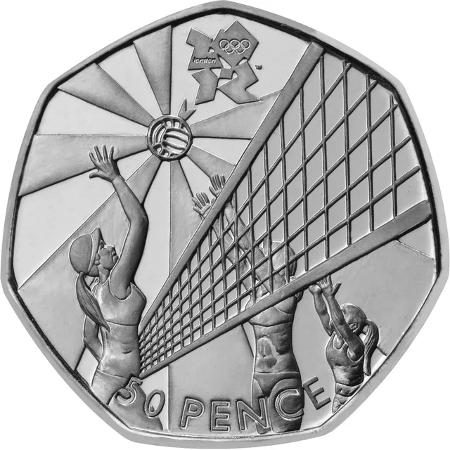 Three beach volleyball players at a diagonal net reaching for a ball set against sun rays, London 2012 logo above