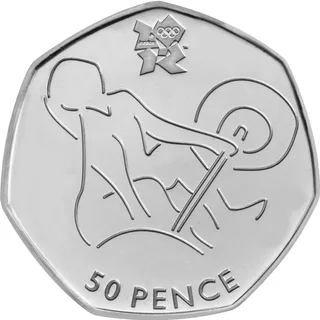 Outline sketch of a weightlifter crouched at the start of a lift, hand on the barbell, London 2012 logo above