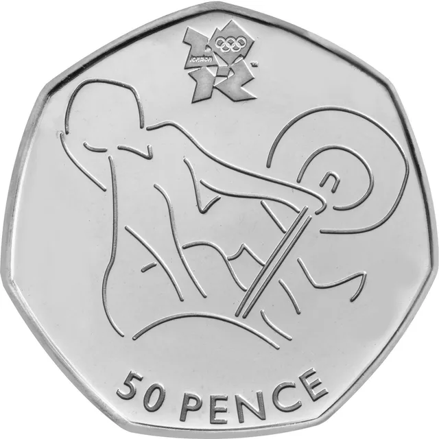 Outline sketch of a weightlifter crouched at the start of a lift, hand on the barbell, London 2012 logo above