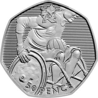 Wheelchair rugby player gripping a wheel with the ball on their lap, lined background, Paralympic London 2012 logo