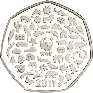 The WWF panda logo surrounded by fifty small icons of animals, plants and nature, with 2011 at the bottom