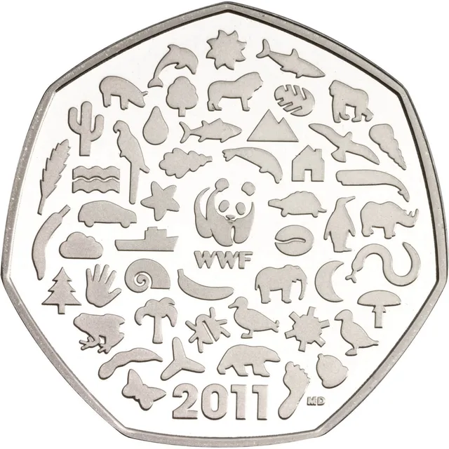 The WWF panda logo surrounded by fifty small icons of animals, plants and nature, with 2011 at the bottom