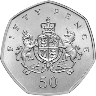 The Royal Arms: a crowned shield held by a lion and a unicorn, with FIFTY PENCE above and 50 below