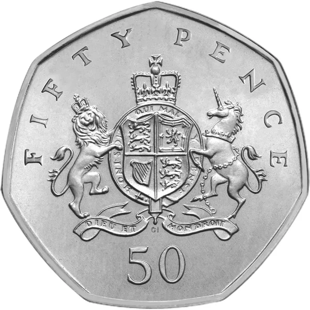 The Royal Arms: a crowned shield held by a lion and a unicorn, with FIFTY PENCE above and 50 below