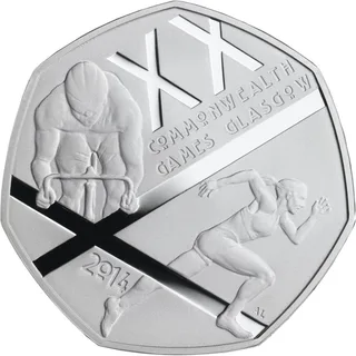 A sprinter and a cyclist separated by the St Andrew's saltire, with XX COMMONWEALTH GAMES GLASGOW 2014