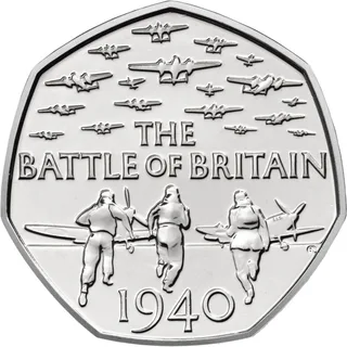 Three RAF airmen running to their aircraft as planes fly overhead, with THE BATTLE OF BRITAIN GB 1940