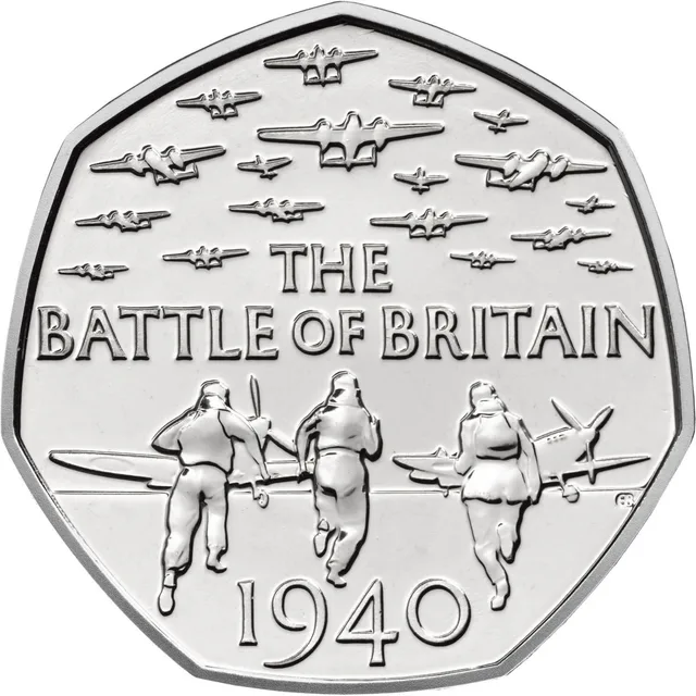 Three RAF airmen running to their aircraft as planes fly overhead, with THE BATTLE OF BRITAIN GB 1940