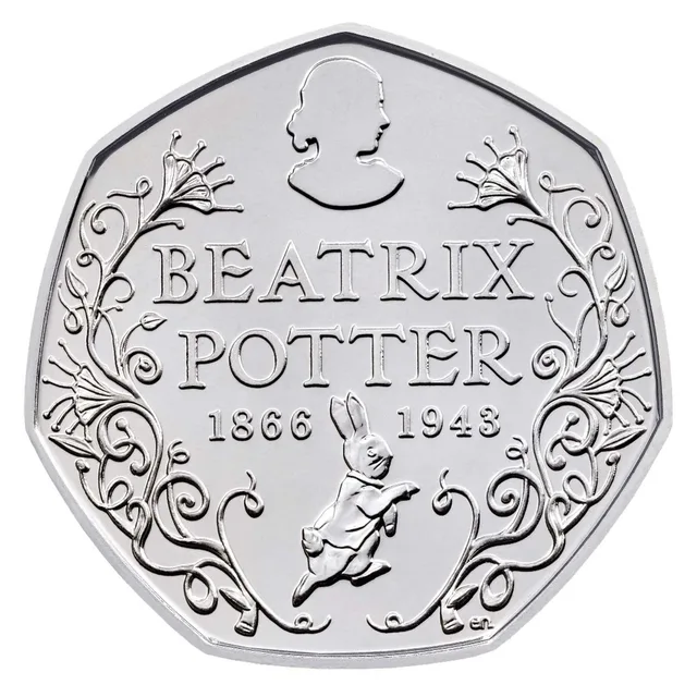 Beatrix Potter's silhouette above her name and the years of her life, with Peter Rabbit below and foliage at each side
