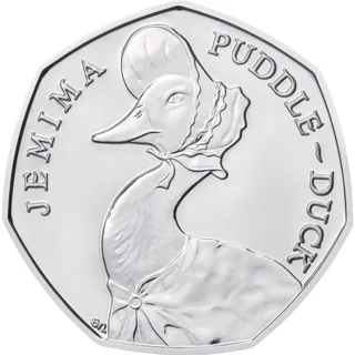 Jemima Puddle-Duck in the centre of the coin, her figure dividing the name JEMIMA PUDDLE-DUCK round the edge