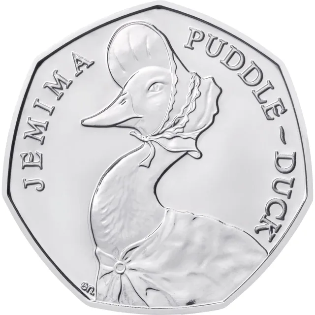 Jemima Puddle-Duck in the centre of the coin, her figure dividing the name JEMIMA PUDDLE-DUCK round the edge