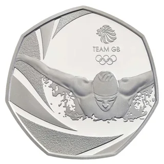 A swimmer doing butterfly stroke beneath the Team GB lion logo and the Olympic rings, with TEAM GB lettering