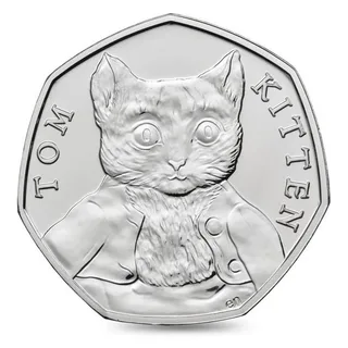 Tom Kitten facing forward in his clothes at the centre, his figure dividing the name TOM KITTEN