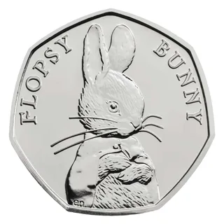 Flopsy Bunny, Peter Rabbit's sister, faces forward with the name FLOPSY BUNNY split around her