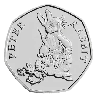 Peter Rabbit facing forward in his jacket, eating, with PETER RABBIT around him and a small TM mark