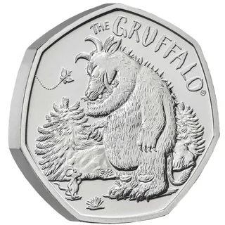 The Gruffalo confronting the Mouse in the wood, with THE GRUFFALO lettering