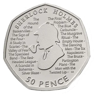 Silhouette of Sherlock Holmes smoking a pipe between two columns of story titles, with 50 PENCE below