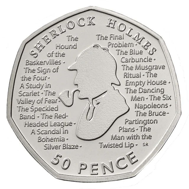 Silhouette of Sherlock Holmes smoking a pipe between two columns of story titles, with 50 PENCE below