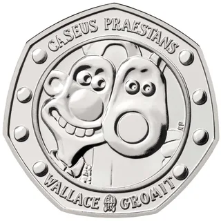 Wallace and Gromit peering out of a rocket porthole, with CASEUS PRAESTANS and WALLACE GROMIT around them