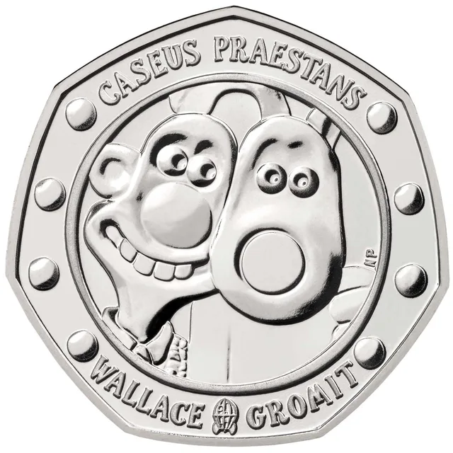 Wallace and Gromit peering out of a rocket porthole, with CASEUS PRAESTANS and WALLACE GROMIT around them
