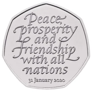 Six lines of script reading Peace, Prosperity and Friendship with all nations, dated 31 January 2020