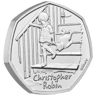 Christopher Robin coming down a staircase dragging Winnie the Pooh behind him, with a bee buzzing above