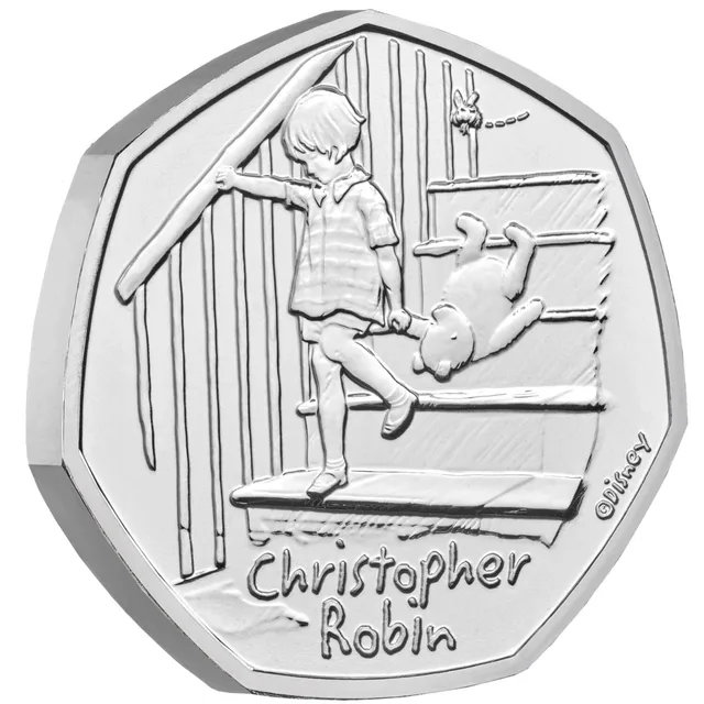 Christopher Robin coming down a staircase dragging Winnie the Pooh behind him, with a bee buzzing above