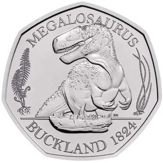 Anatomically accurate Megalosaurus at the centre, named above, with BUCKLAND and a date underneath