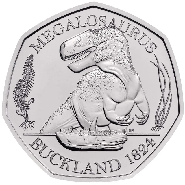 Anatomically accurate Megalosaurus at the centre, named above, with BUCKLAND and a date underneath