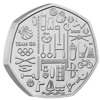Olympic sport symbols and sporting equipment around the Team GB logo and Olympic rings, with 2020 and TEAM GB
