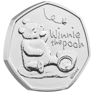 Winnie the Pooh sitting beside a tipped-over honey jar with a bee above him and his name to the right