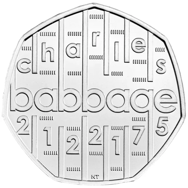 Spaced lower-case letters reading charles babbage above a row of digits that encode BABBAGE
